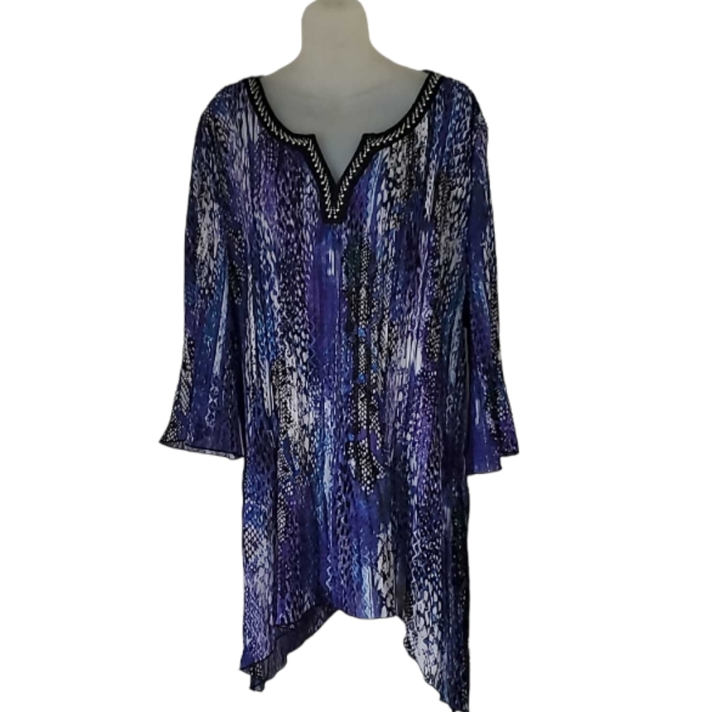 CAHERINES Sheer Blue & White Long Pullover Blouse Beaded Trim Plus Size 3X